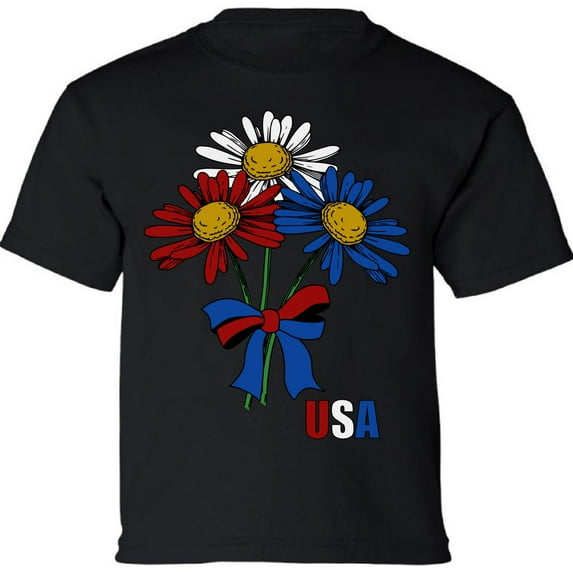 USA Flag Flowers Graphic Tees for Kids Youth - Red White Blue America 4th of July Shirt
