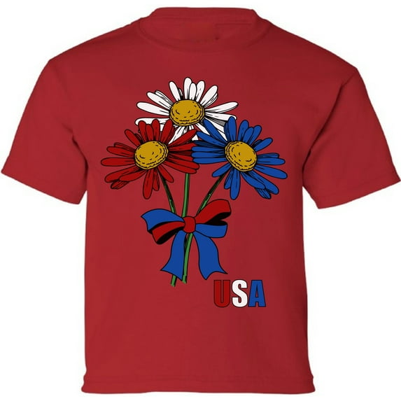 USA Flag Flowers Graphic Tees for Kids Youth - Red White Blue America 4th of July Shirt