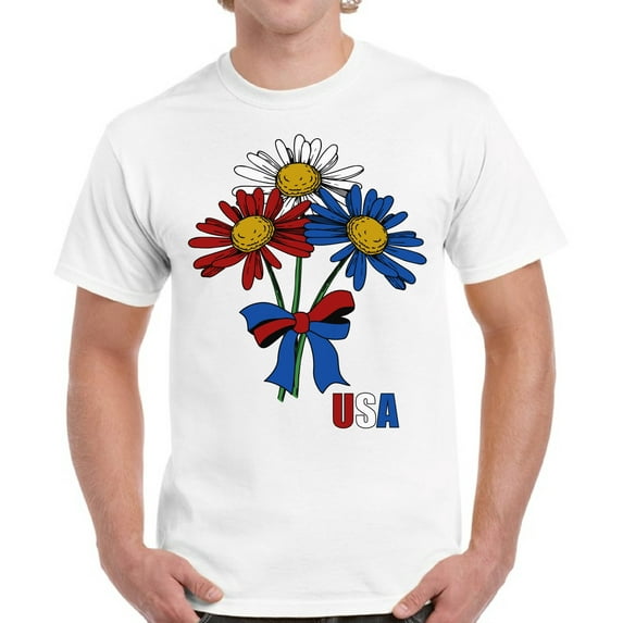 USA Flag Flowers Graphic Tees for Men - Red White Blue America 4th of July Shirt