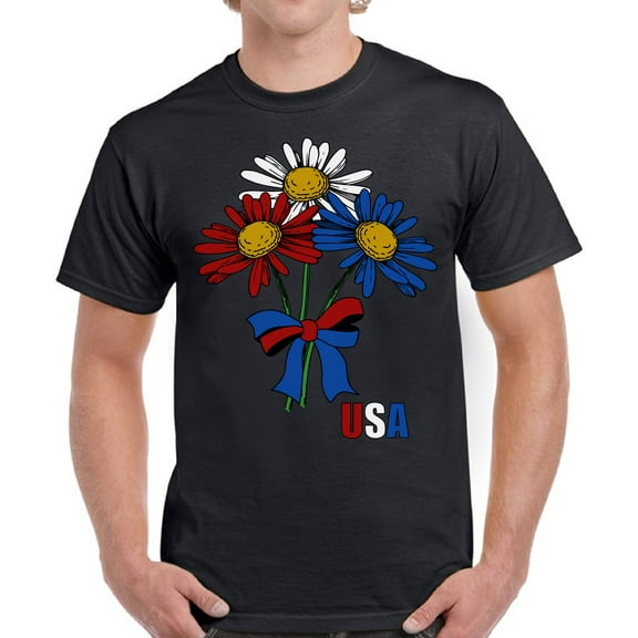 USA Flag Flowers Graphic Tees for Men - Red White Blue America 4th of July Shirt