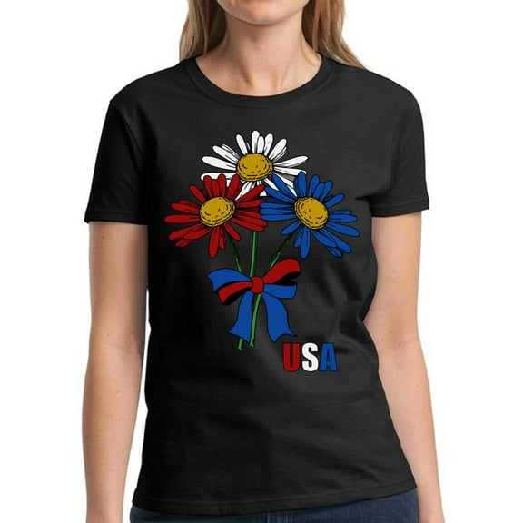 USA Flag Flowers Graphic Tees for Women - Red White Blue America 4th of July Shirt