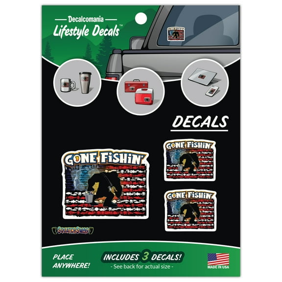 USA Flag Gone Fishin' Sasquatch Decals - Set of 3 Funny Sasquatch Bigfoot Vinyl Car Stickers for Truck Window Bumper Tackle Box Laptop Tumbler