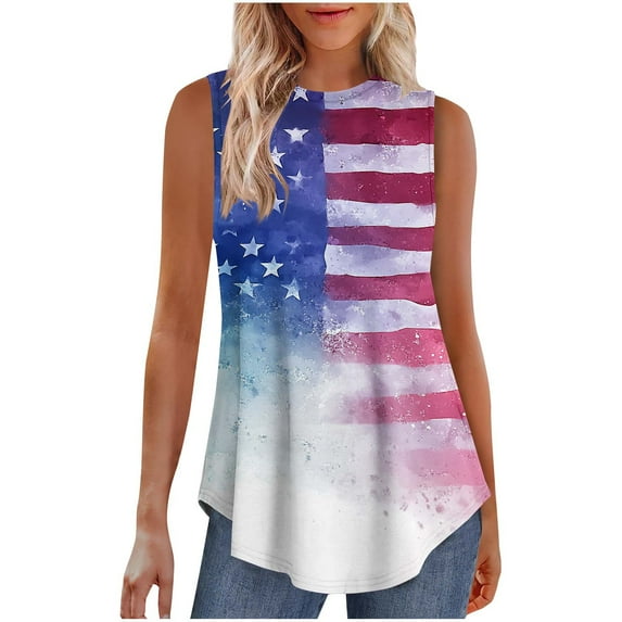 USA Flag Graphic Tank for Women 4th of July Sleeveless Casual Independence Day Tanks Tops Vintage American Flag Crewneck Tunic Camis Shirts Curved Hem Loose Fit Patriotic T-Shirts Independence Day
