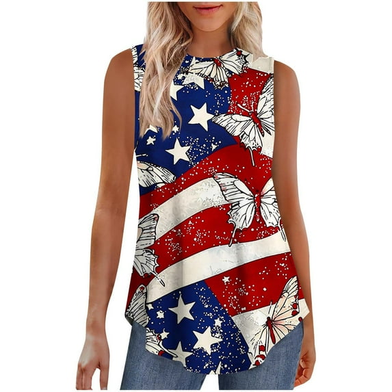 USA Flag Graphic Tank for Women 4th of July Sleeveless Casual Independence Day Tanks Tops Vintage American Flag Crewneck Tunic Camis Shirts Curved Hem Loose Fit Patriotic T-Shirts Independence Day