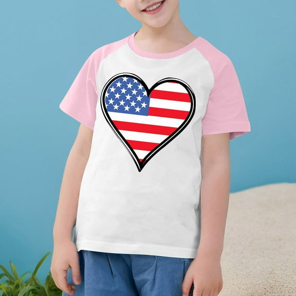 USA Flag Heart Print T-Shirt For Boys Girls Independence Day Patriotic Shirt Casual Raglan Short Sleeve Tees Pink 3-4 Years