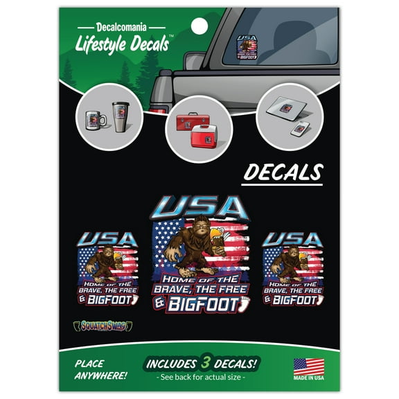 USA Flag Home of the Brave Bigfoot Decals - Set of 3 Funny Sasquatch Bigfoot Vinyl Car Stickers for Truck Window Bumper Tackle Box Laptop Tumbler