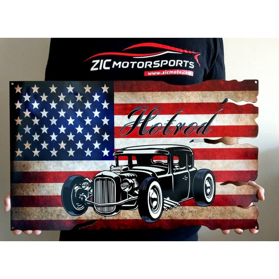 USA Flag Hot Rod Steel Sign - 24" X15"