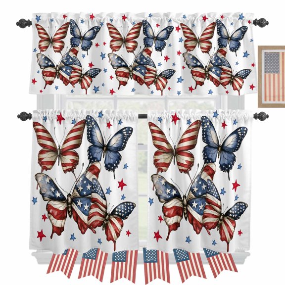 USA Flag Independence Day Kitchen Curtains Valances 3 Piece Set, Butterfly Red Blue Star Rod Pocket Tier Curtain and Valance Drapes for Small Window 24 Inch Length for Bedroom Cafe