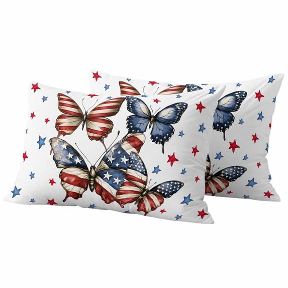 USA Flag Independence Day Pillow Covers 2 Pack Butterfly Red Blue Star Pillowcase Waterproof Outdoor Throw Pillow Cover for Patio Balcony Rectangular Cushion 20”x12”