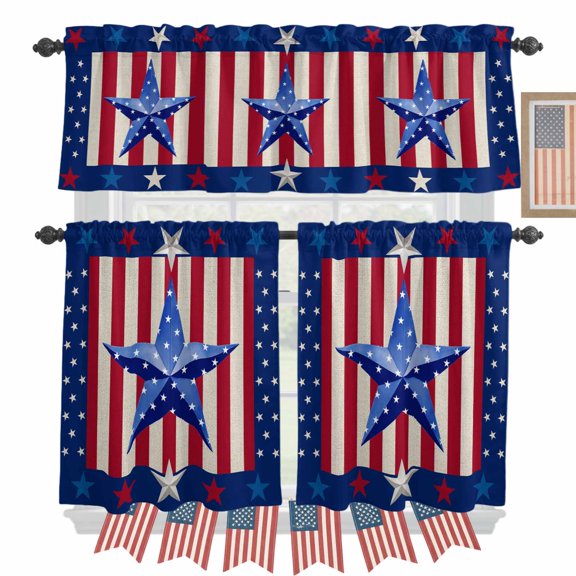 USA Flag Kitchen Curtains Valances 3 Piece Set, 4th of July Stars Blue Red Stripe Retro Farmhouse Rod Pocket Tier Curtain and Valance Drapes for Small Window 24 Inch Length for Bedroom Cafe