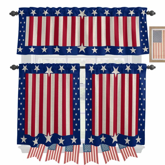 USA Flag Kitchen Curtains Valances 3 Piece Set, 4th of July Stars Blue White Red Stripe Retro Rod Pocket Tier Curtain and Valance Drapes for Small Window 36 Inch Length for Bedroom Cafe