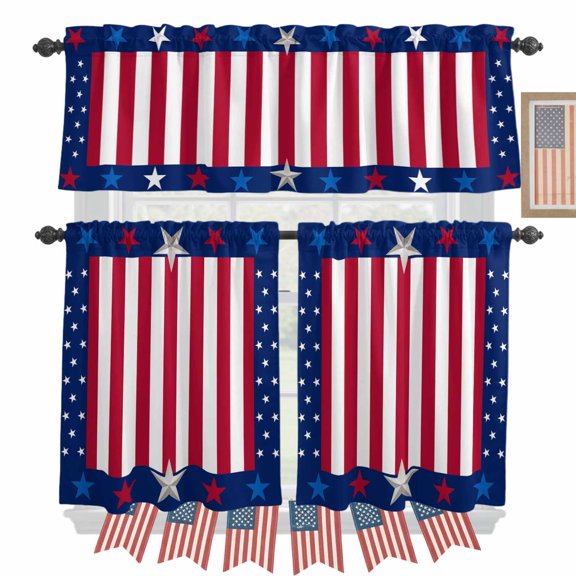 USA Flag Kitchen Curtains Valances 3 Piece Set, 4th of July Stars Blue White Red Stripe Rod Pocket Tier Curtain and Valance Drapes for Small Window 24 Inch Length for Bedroom Cafe