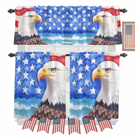 USA Flag Kitchen Curtains Valances 3 Piece Set, Eagle Rod Pocket Tier Curtain and Valance Drapes for Small Window 24 Inch Length for Bedroom Cafe