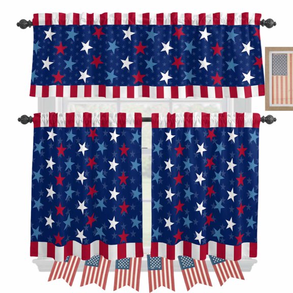 USA Flag Kitchen Curtains Valances 3 Piece Set, Flag Day 4th of July Independence Day Stars Blue Red Strips Rod Pocket Tier Curtain and Valance Drapes for Small Window 24 Inch Length for Bedroom Cafe