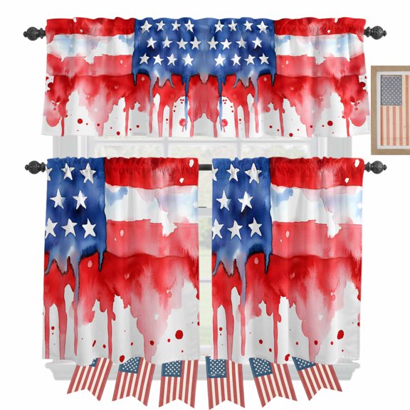 USA Flag Kitchen Curtains Valances 3 Piece Set, Independence Day Rod Pocket Tier Curtain and Valance Drapes for Small Window 24 Inch Length for Bedroom Cafe
