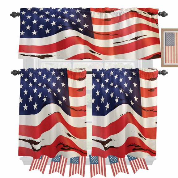 USA Flag Kitchen Curtains Valances 3 Piece Set, Red White Stripes Stars Shabby Vintage Style Rod Pocket Tier Curtain and Valance Drapes for Small Window 24 Inch Length for Bedroom Cafe
