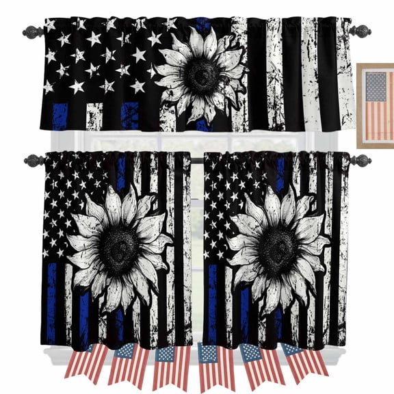 USA Flag Kitchen Curtains Valances 3 Piece Set, Sunflower Retro Blue Strip Star Independence Day Rod Pocket Tier Curtain and Valance Drapes for Small Window 36 Inch Length for Bedroom Cafe