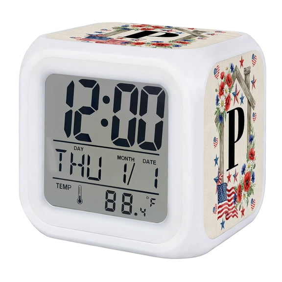USA Flag Letter P Digital Alarm Clock for Bedrooms,Smart LED Alarm Clock with 7 Color Changing Night Light,America Patriotic Floral Monogram Word Silent Wake Up Clocks for Sleep Study 3.2"x3.2"
