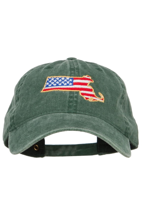USA Flag Massachusetts Map Embroidered Washed Buckle Cap - Dk Green OSFM