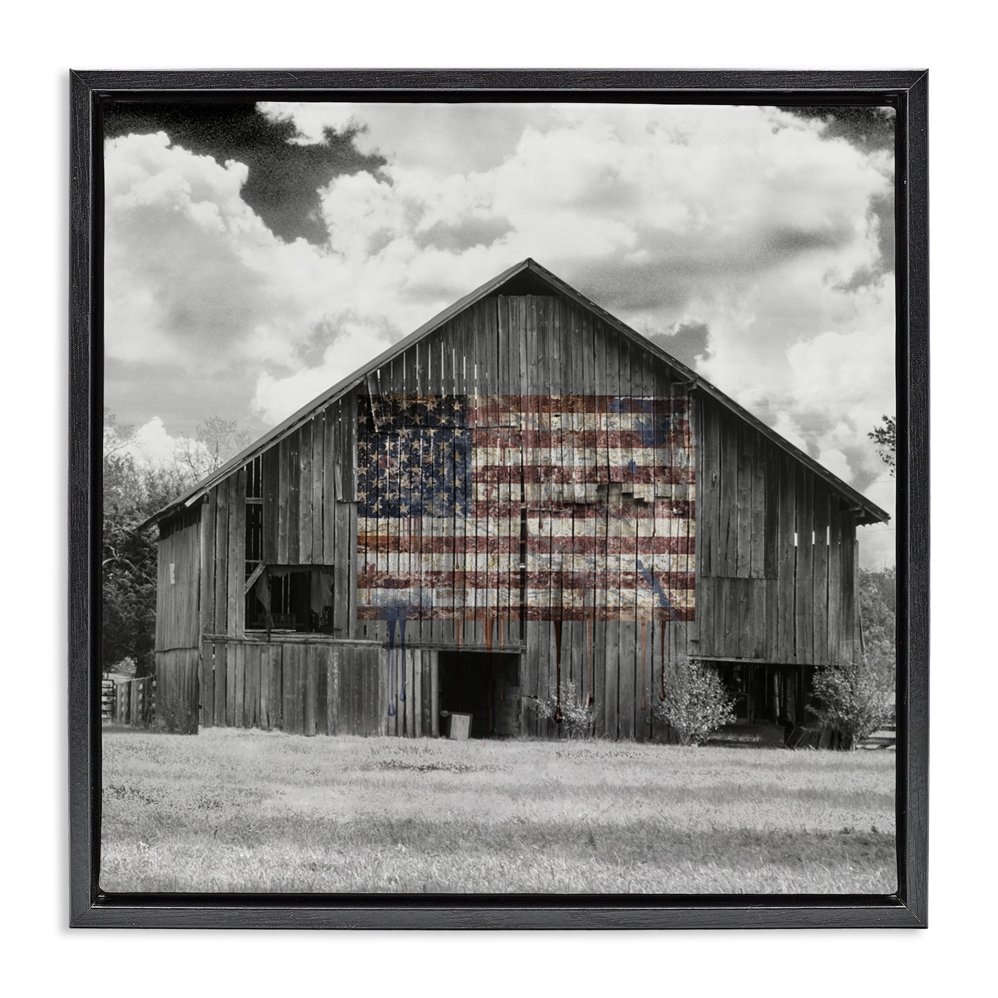 USA Flag Monochrome Barn Black Framed Floater Canvas Wall Art, design by Decent Exposures