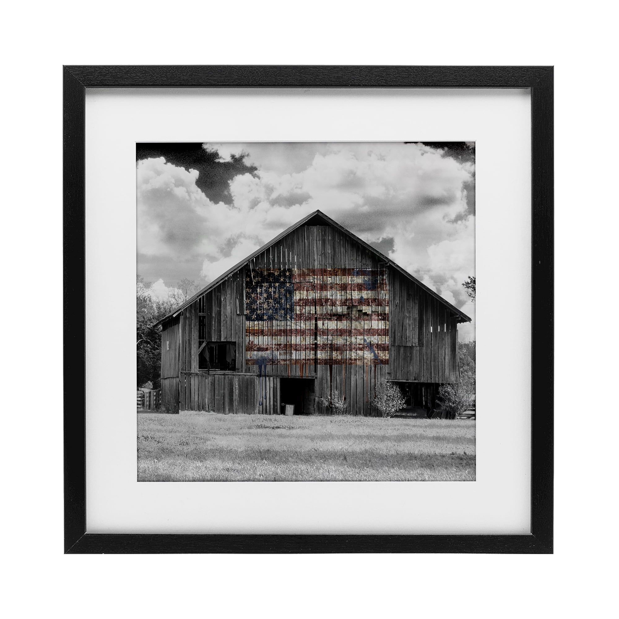 USA Flag Monochrome Barn Black Framed Print Under Glass, design by Decent Exposures