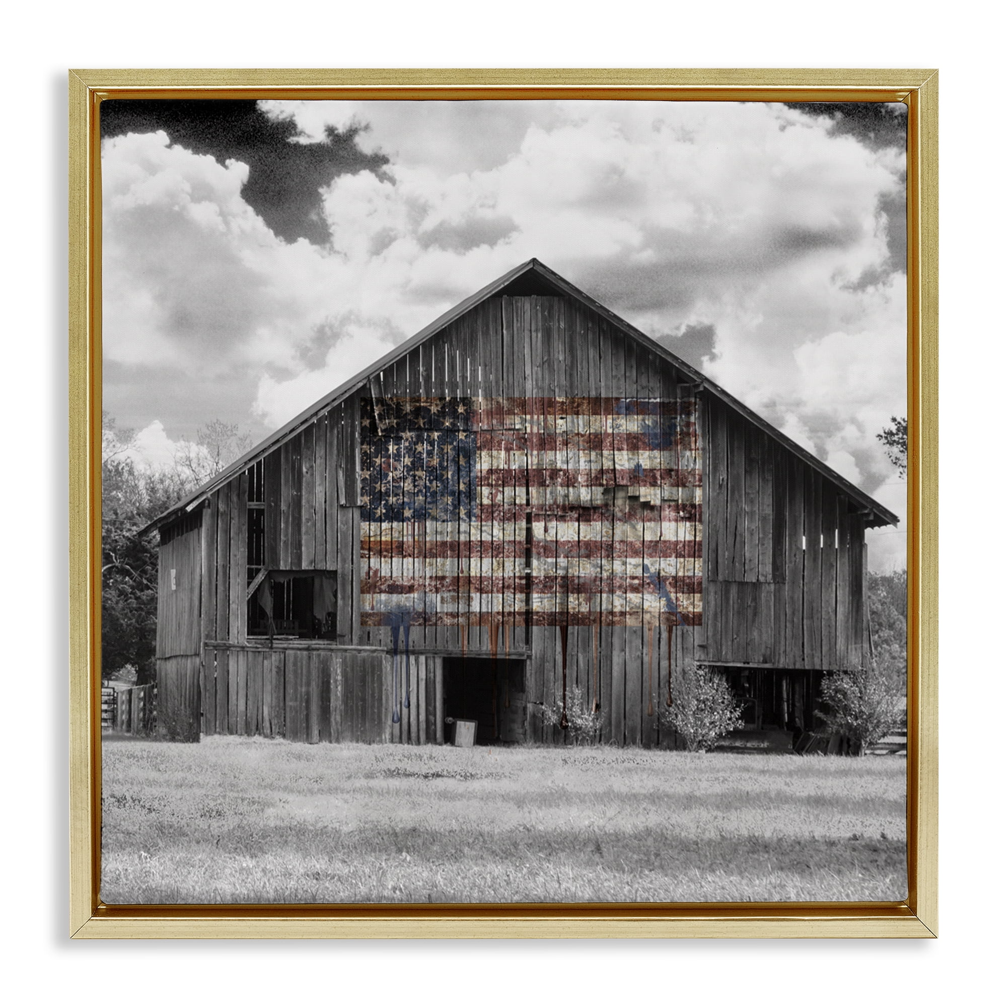 USA Flag Monochrome Barn Gold Framed Floater Canvas Wall Art, design by Decent Exposures