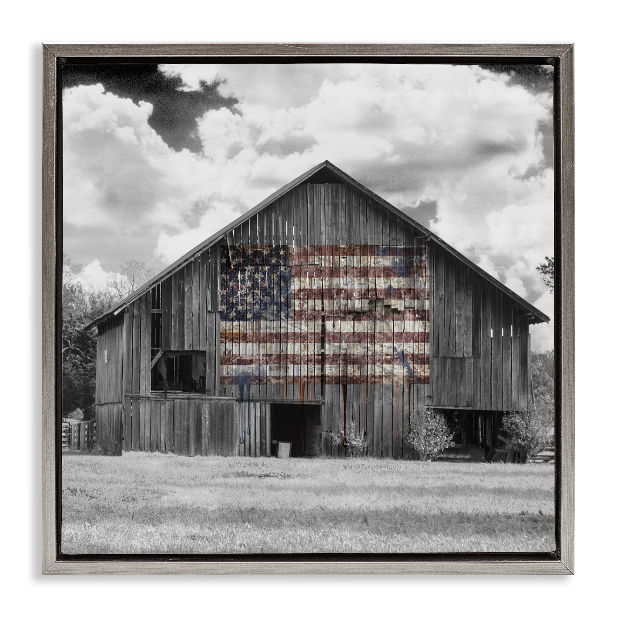 USA Flag Monochrome Barn Gray Framed Floater Canvas Wall Art, design by Decent Exposures