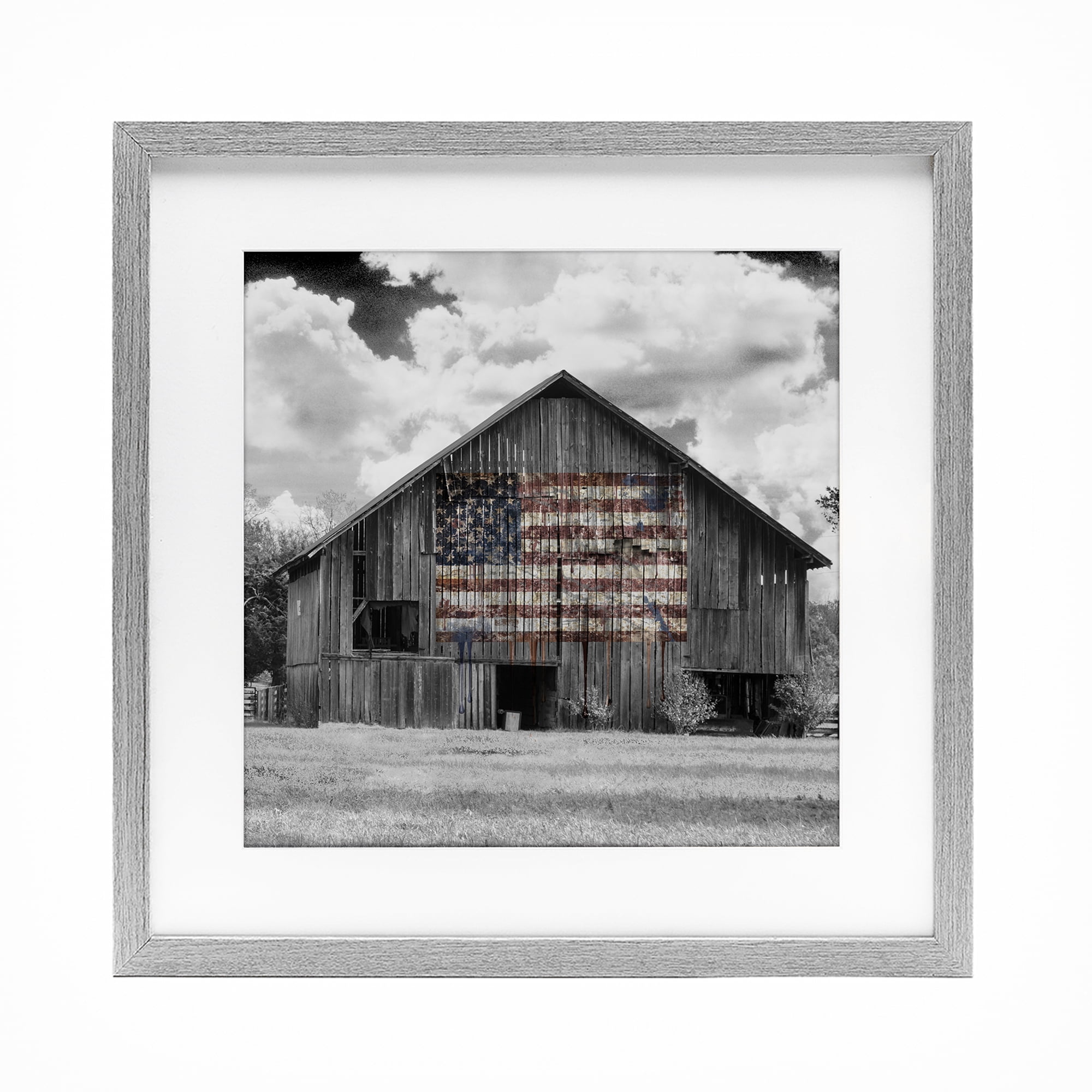 USA Flag Monochrome Barn Gray Framed Print Under Glass, design by Decent Exposures