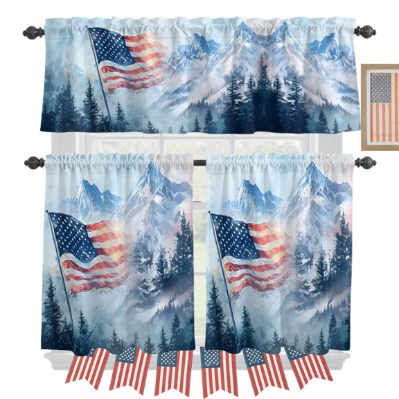 USA Flag Mountain Kitchen Curtains Valances 3 Piece Set, Forest Independence Day Rod Pocket Tier Curtain and Valance Drapes for Small Window 24 Inch Length for Bedroom Cafe