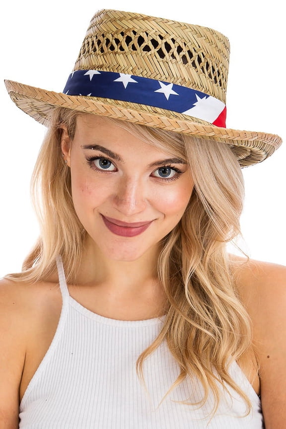 USA Flag Natural Straw Classic Pork Pie Crown Fedora Hat