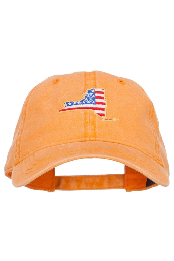 USA Flag New York Map Embroidered Washed Buckle Cap - Orange OSFM