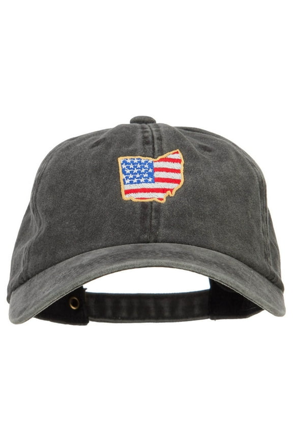 USA Flag Ohio Map Embroidered Washed Buckle Cap - Black OSFM