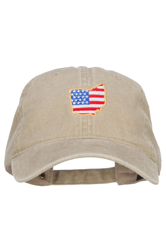USA Flag Ohio Map Embroidered Washed Buckle Cap - Khaki OSFM