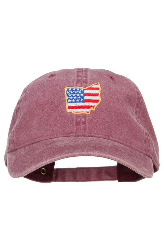 USA Flag Ohio Map Embroidered Washed Buckle Cap - Maroon OSFM