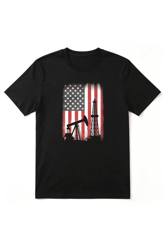 USA Flag Oil Rig Cool Graphic Tee For Men, Oil Worker Road Trip Cotton Short Sleeves T-Shirt