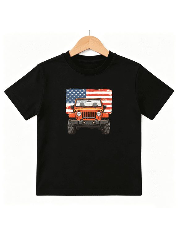 USA Flag Orange Truck Car Boys Graphic Tee, Patriotic 4th July 100% Cotton Kids Short Sleeve T-Shirt 4-13Y