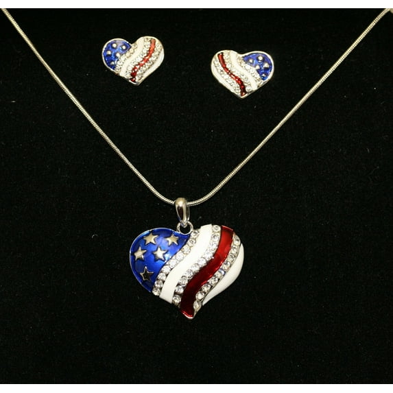 USA Flag Patriotic Heart Pendant, 4th of July Independence Day Heart Pendant Necklace & Heart Earrings Jewelry Set