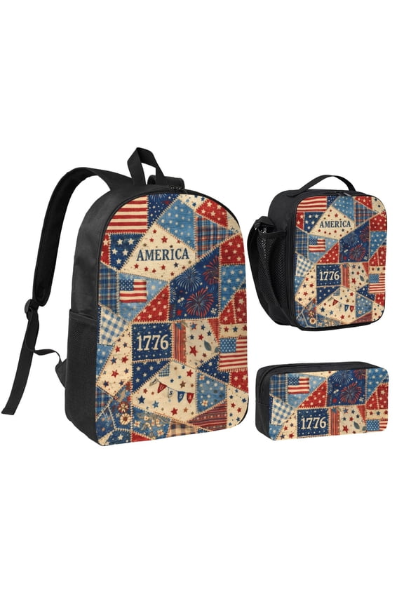 USA Flag Patriotic Patchwork Backpack Set 3pc Including Backpack, Lunch Bag and Pen Bag Combination