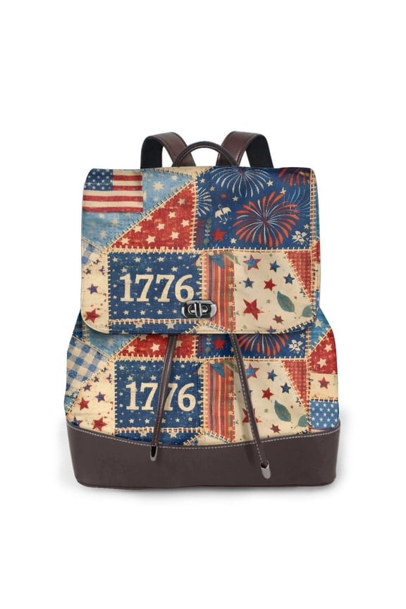 USA Flag Patriotic Patchwork Women's Leather Backpack All-Over Print Bag for Work and Travel
