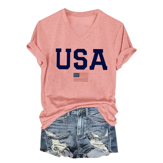 USA Flag Patriotic Shirts for Women V-Neck Summer Tops 2026 American Independence Day Tee Lightweight Blouses