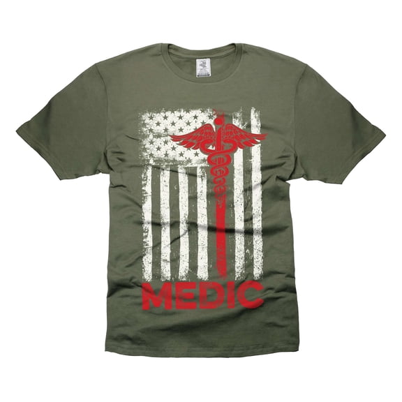 USA Flag Patriotic Tee Shirt EMT Nurse T-Shirt Doctor Healthcare Paramedic Medic Flag Shirt (Large Military Green)