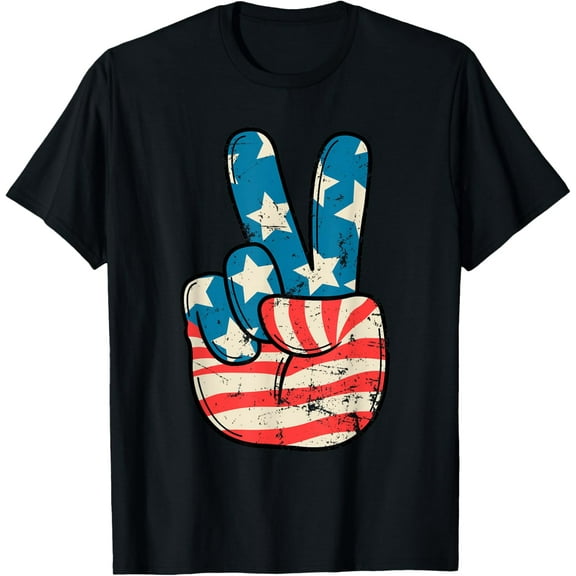 USA Flag Peace Sign Hand 4th of July Patriotic Men Boys T-Shirt Tops Tee