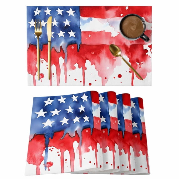 USA Flag Placemats Set of 8 Independence Day Red Blue Star Stripes Painting Place Mats Indoor Wipeable Table Mats Washable Cloth Dining Table Placemats for Kitchen Holiday Party Home Decor 13x19 Inch