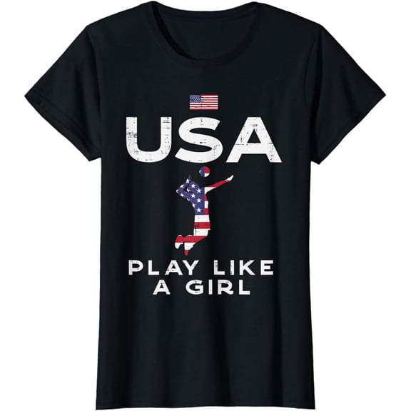 USA Flag Play Like Girl Volleyball Vintage Patritotic Women T-Shirt
