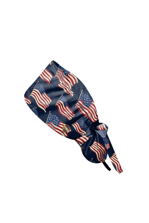 USA Flag Ponytail Scrub Cap, 4th of July Cloth Work Hat Adjustable Tie Back Nurse Cap, Independence Day Casual Head Wrap Dustproof Surgical Cap