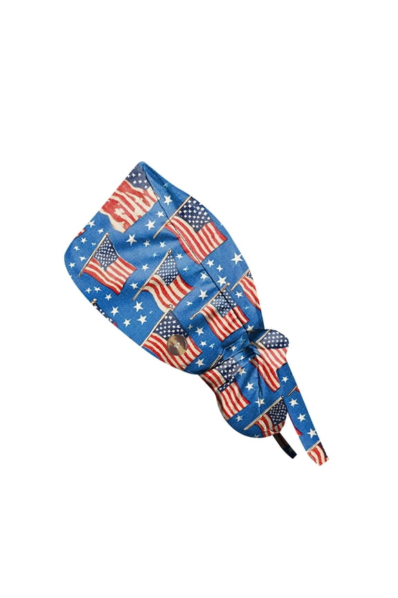 USA Flag Ponytail Scrub Cap, 4th of July Cloth Work Hat Adjustable Tie Back Nurse Cap, Independence Day Casual Head Wrap Dustproof Surgical Cap