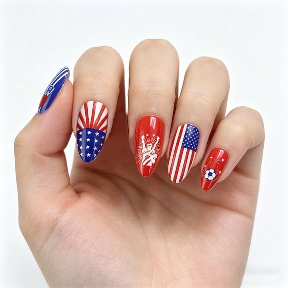 USA Flag Press On Nails 2026 Global Championship Fan Nail Art - Patriotic Soccer Nails with Star and Ball Motifs - Reusable ABS Fake Nails for Women