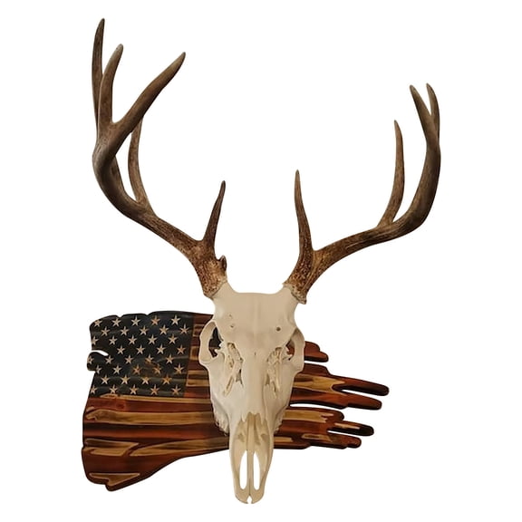 USA Flag Prey Display Rack For Deer Antlers And Skull Mounts, Wall Or Table European Mount Kit, Solid Wood Burnt Finish, Commemorative Trophy Display Shelf For Hunters, Rustic Home Decor