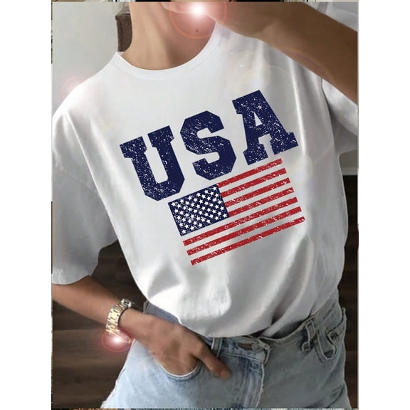 USA Flag Print Crew Neck T-Shirt, Short Sleeve Casual Top For Summer & Spring, Women's Clothing