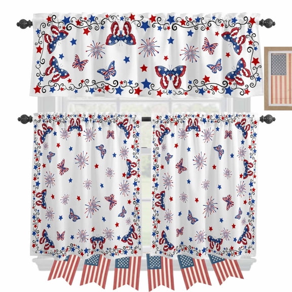 USA Flag Red Blue Stars Firework Kitchen Curtains Valances 3 Piece Set, Independence Day Rod Pocket Tier Curtain and Valance Drapes for Small Window 36 Inch Length for Bedroom Cafe